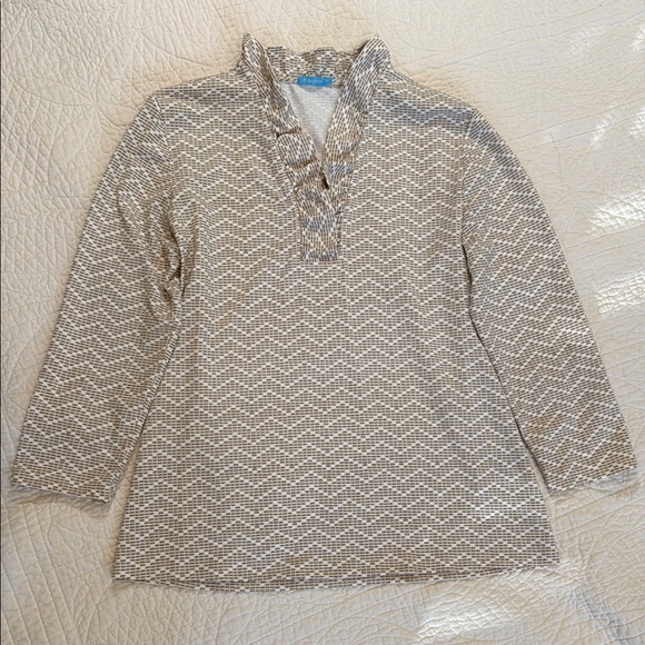 J. McLaughlin Tan & White Durham Ruffle Top Size M - Picture 2 of 6